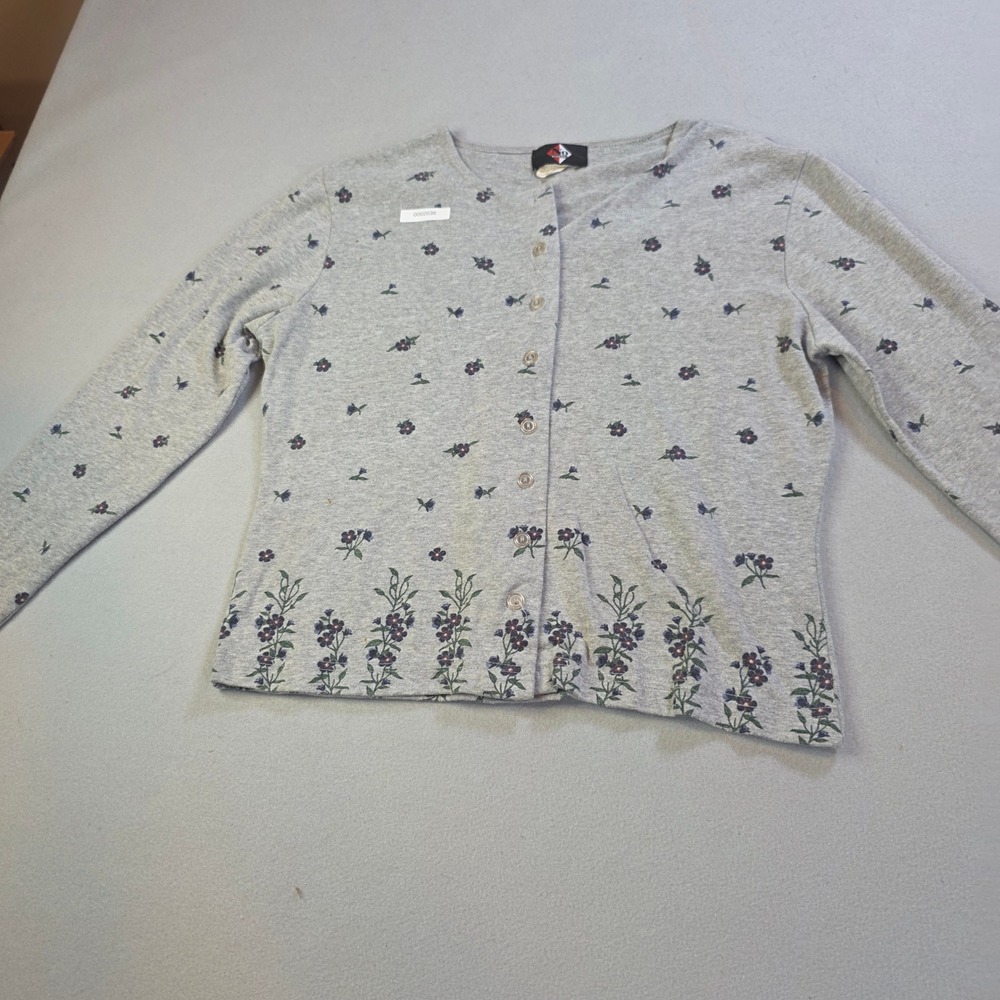 Vintage No Boundaries Gray Floral Button Front Cardigan Sweater Medium 90s Y2K